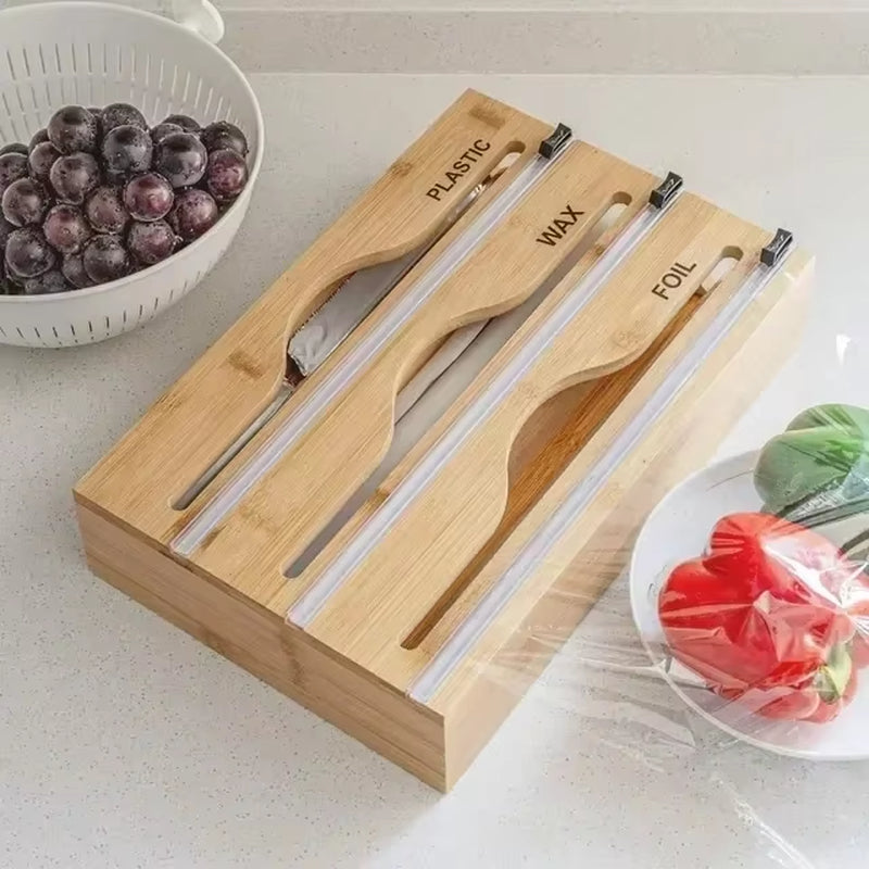 1Pc Cling Film Cutter Minimalist Wall Mounted Wooden Kitchenware Multi Compartment Layer Hidden Scratchers Kitchen Organizer