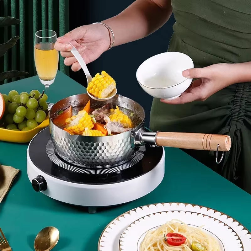 430 Stainless Steel Pan Snow Pan Wooden Handle Stew Pots Fry Wok Saucepan Milk Pot Kitchen Utensils Practical Cookware Japanese