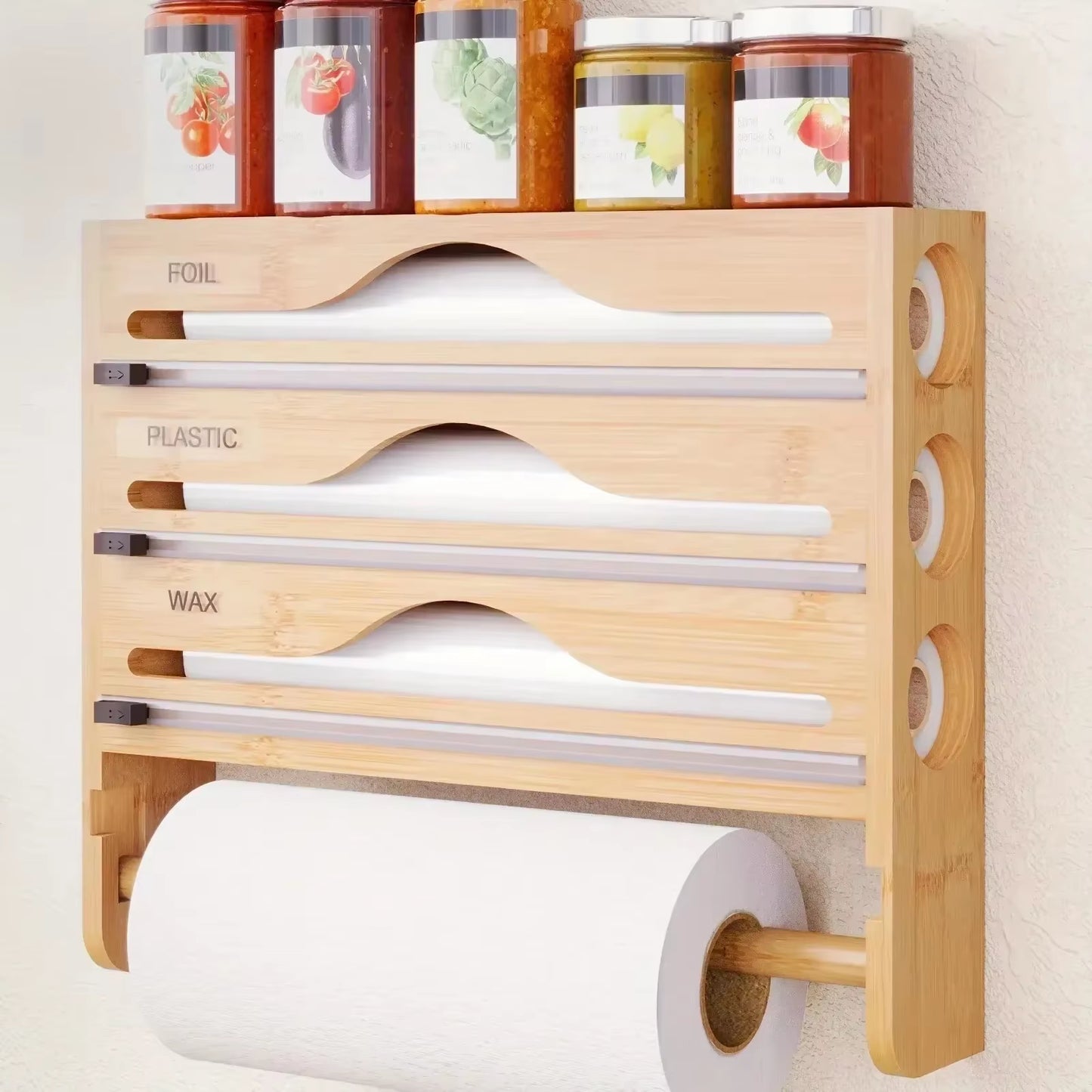 1Pc Cling Film Cutter Minimalist Wall Mounted Wooden Kitchenware Multi Compartment Layer Hidden Scratchers Kitchen Organizer