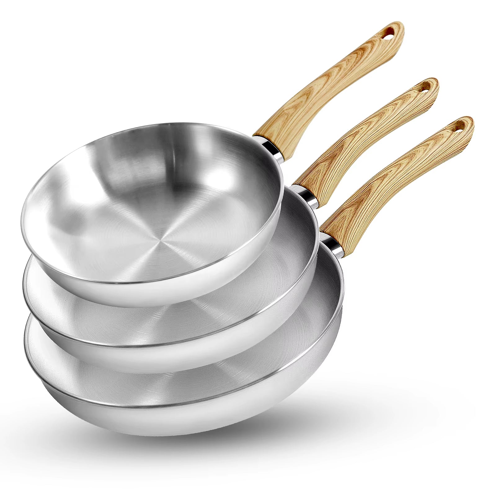 Stainless Steel Frying Pan Set of 3, 8"&10"&12" Stainless Steel Pans Set with Heat-Resistant Bakelite Handle