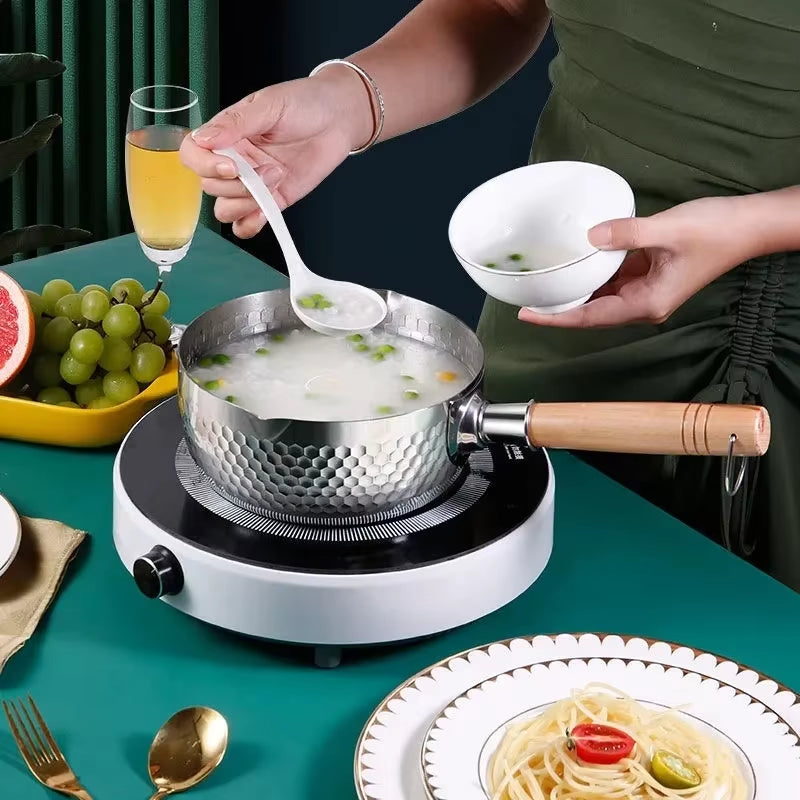 430 Stainless Steel Pan Snow Pan Wooden Handle Stew Pots Fry Wok Saucepan Milk Pot Kitchen Utensils Practical Cookware Japanese