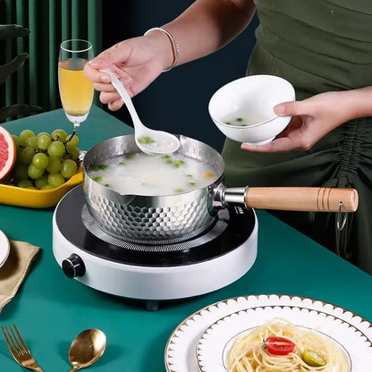 430 Stainless Steel Pan Snow Pan Wooden Handle Stew Pots Fry Wok Saucepan Milk Pot Kitchen Utensils Practical Cookware Japanese