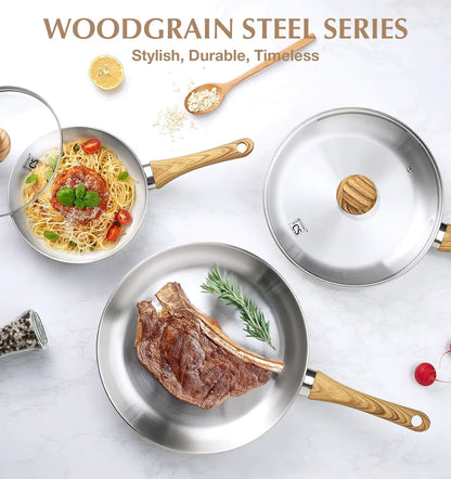 Stainless Steel Frying Pan Set of 3, 8"&10"&12" Stainless Steel Pans Set with Heat-Resistant Bakelite Handle