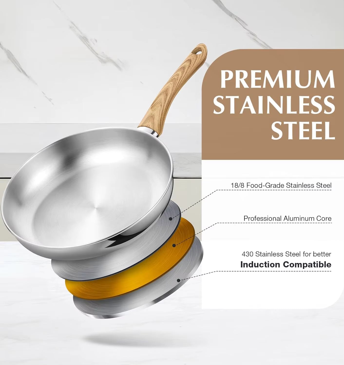 Stainless Steel Frying Pan Set of 3, 8"&10"&12" Stainless Steel Pans Set with Heat-Resistant Bakelite Handle